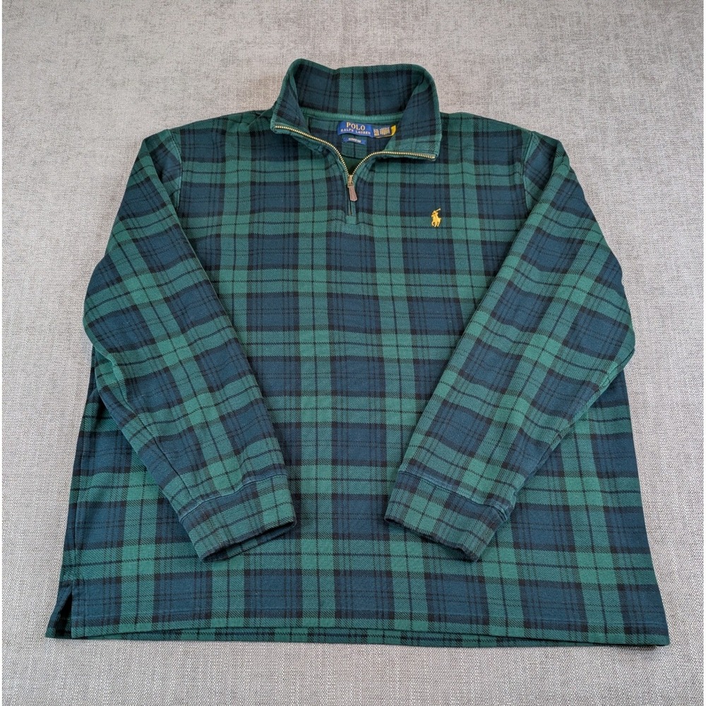Polo Ralph Lauren Pullover Mens XXL Green Plaid 1/4 Zip Estate Rib Sweatershirt - Picture 2 of 7